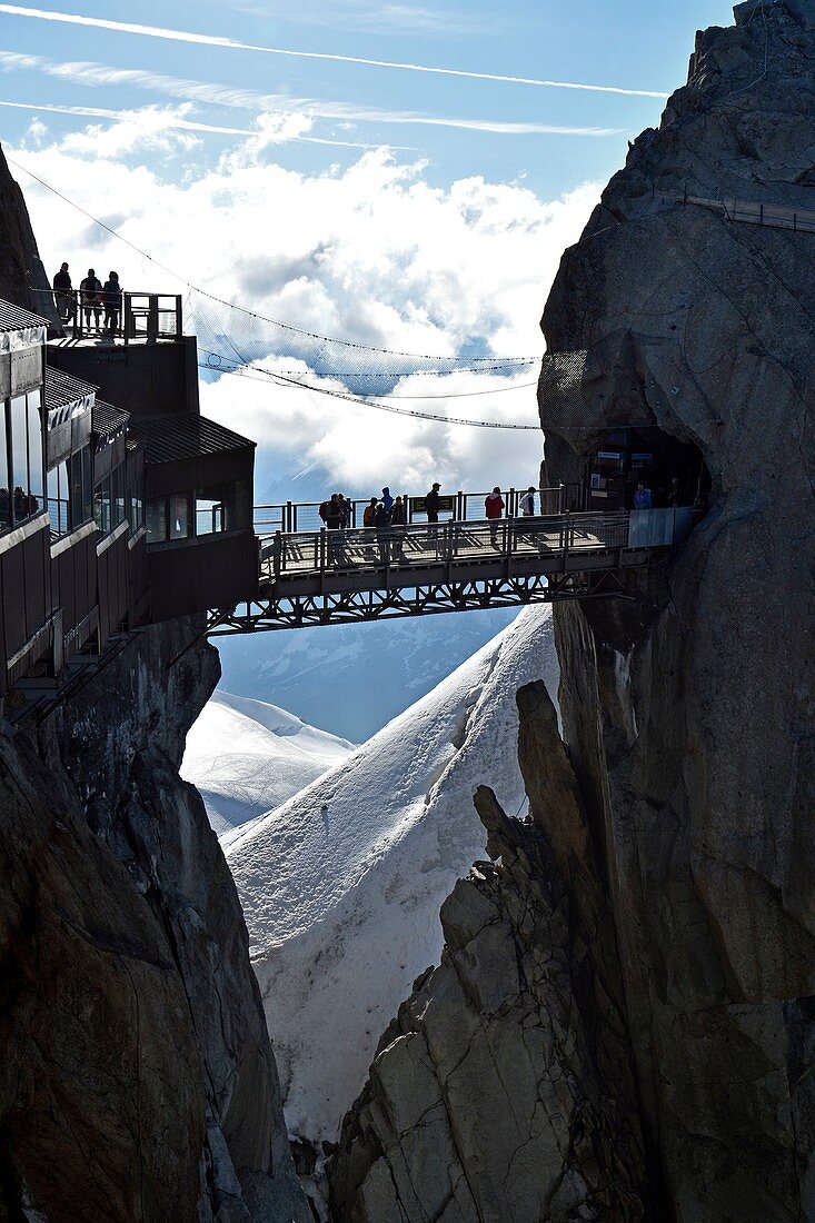 France, Haute Savoie, Chamonix Mont Blanc, terrace of the Aiguille du Midi (3848m), Mont Blanc range