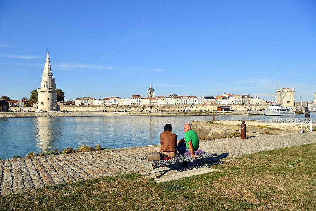 France, Charente-Maritime, La Rochelle, Tour de la Lanterne (Lantern tower), Chain tower (tour de la Chaine) and Saint Nicolas (tour Saint-Nicolas) tower protect the entrance to the Old Port