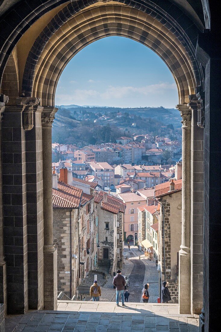 France, Haute Loire, Le Puy en Velay, a stop on el Camino de Santiago, 12th century Notre Dame de l'Annonciation Cathedral, porch