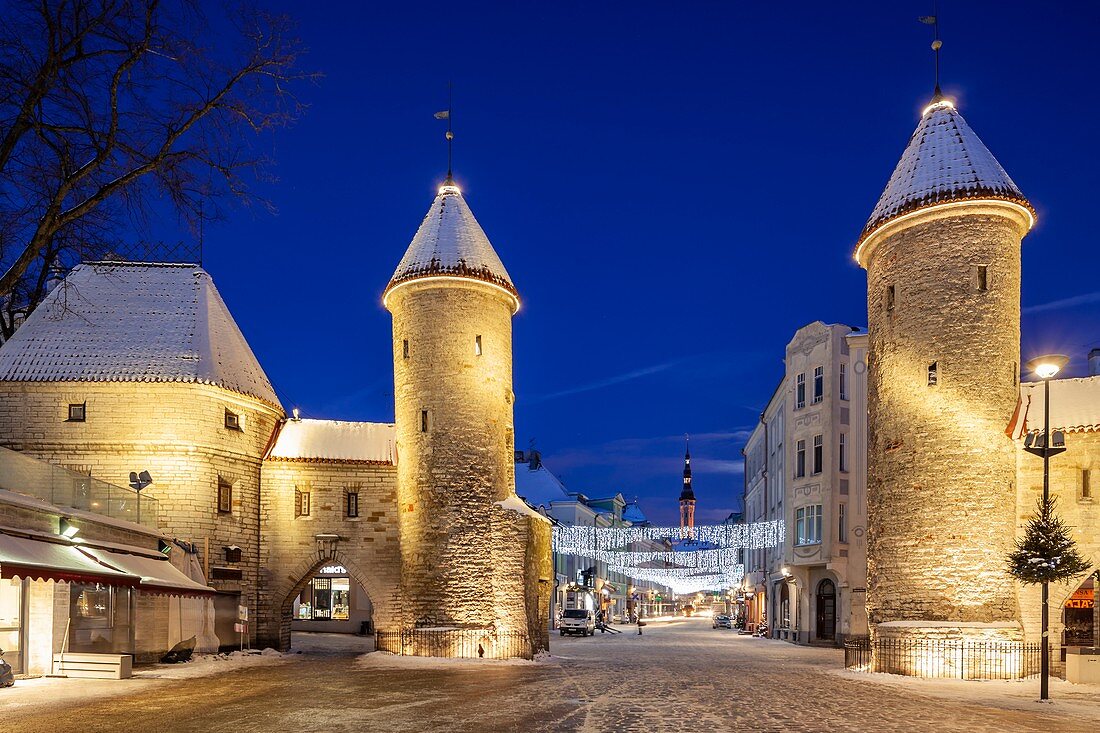 Winter dawn at the city gates in Tallinn old town, Estonia.