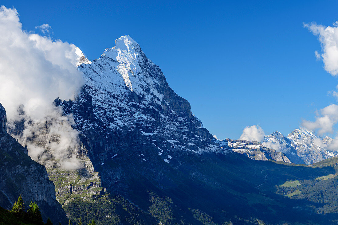 Blick auf Eiger und Kleine Scheidegg, von der Großen Scheidegg, Grosse Scheidegg, Berner Oberland, UNESCO Weltnaturerbe Schweizer Alpen Jungfrau-Aletsch, Berner Alpen, Bern, Schweiz