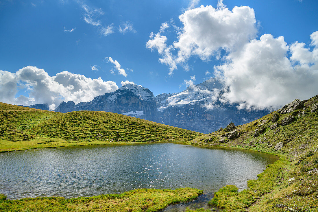View of Wetterhorn with mountain lake in the foreground, Grosse Scheidegg, Grosse Scheidegg, Bernese Oberland, UNESCO World Natural Heritage Swiss Alps Jungfrau-Aletsch, Bernese Alps, Bern, Switzerland