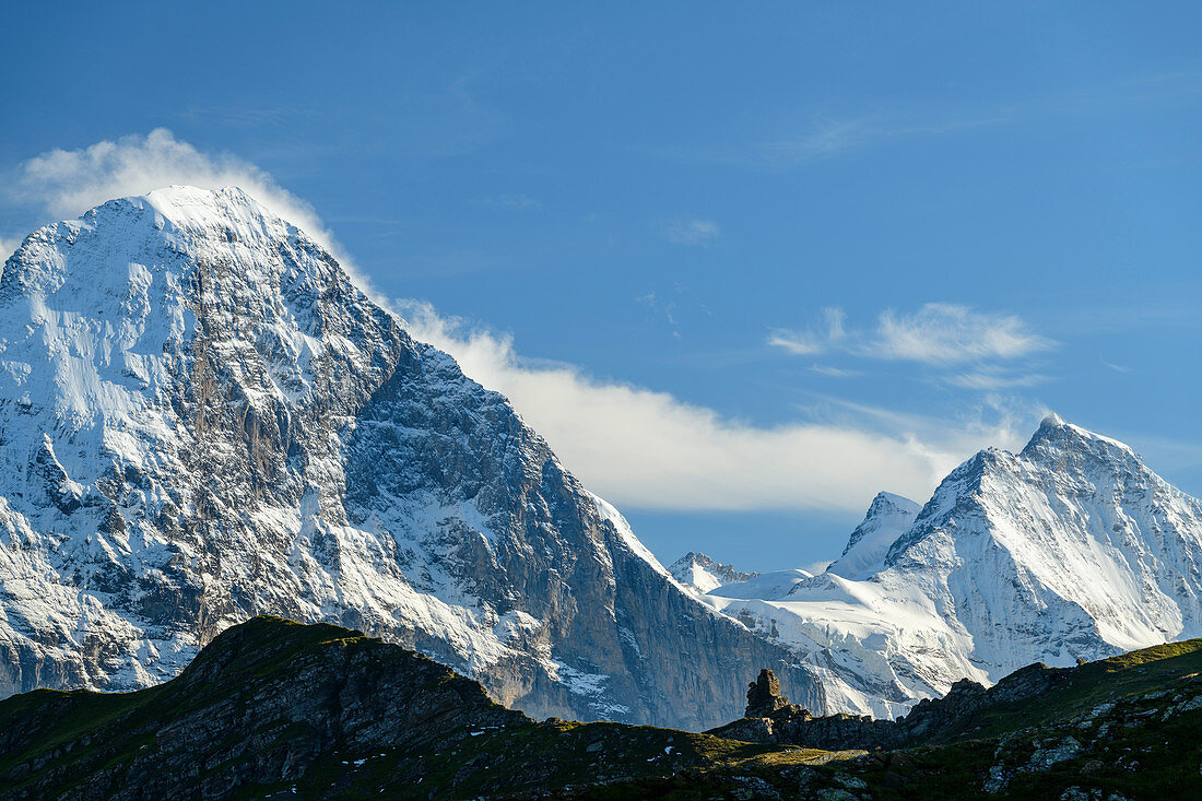 Blick auf Eiger, vom First, Grindelwald, Berner Oberland, UNESCO Weltnaturerbe Schweizer Alpen Jungfrau-Aletsch, Berner Alpen, Bern, Schweiz