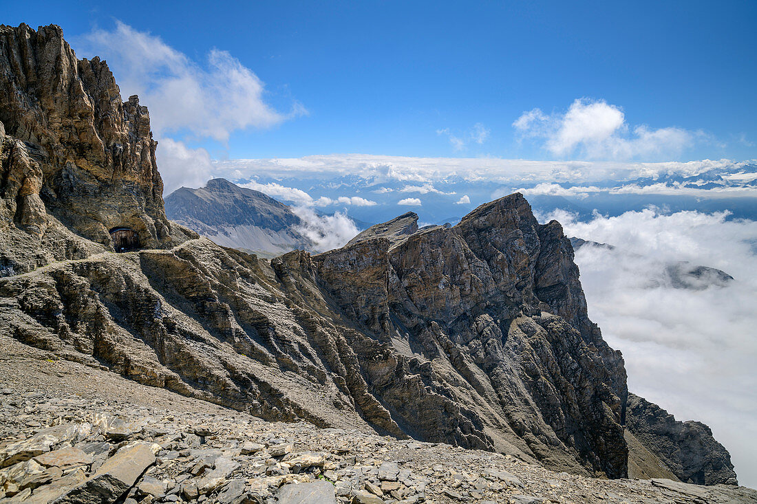 Schmaler Weg führt unter Felstürmen des Dent de Morcles hindurch, Dent de Morcles, Berner Alpen, Vaud, Waadtland, Schweiz