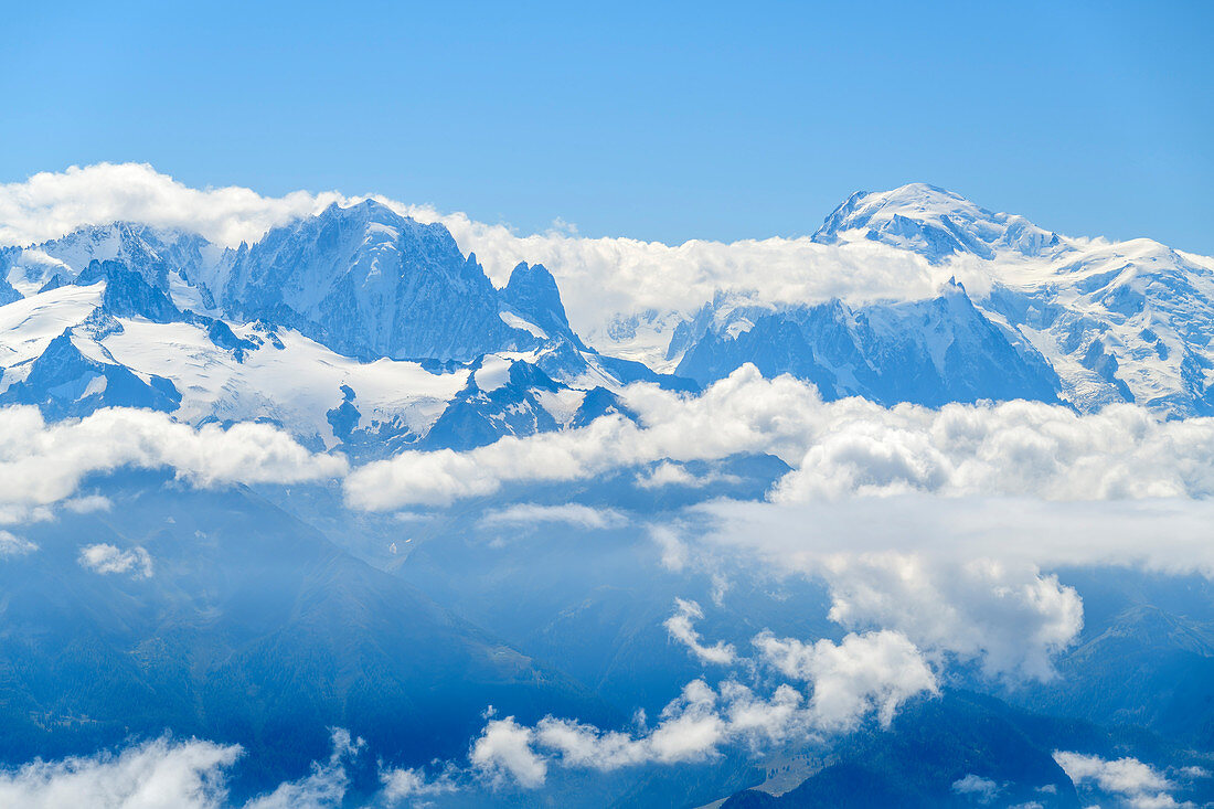 Aiguille Verte und Mont Blanc ragen aus Wolkenmeer, von der Grande Dent de Morcles, Berner Alpen, Vaud, Waadtland, Schweiz