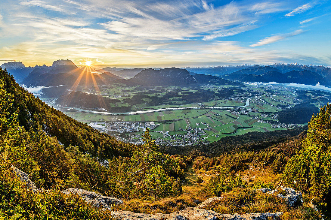 Sunrise over the Inn Valley with a view of the Kaiser Mountains, Pölven and Kitzbühel Alps, from Pendling, Bavarian Alps, Tyrol, Austria