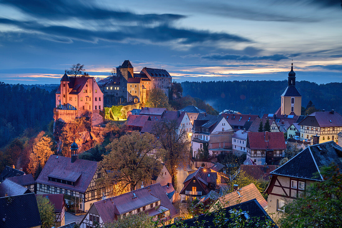 Illuminated Hohnstein Castle with Hohnstein, Saxon Switzerland National Park, Saxon Switzerland, Elbe Sandstone, Saxony, Germany