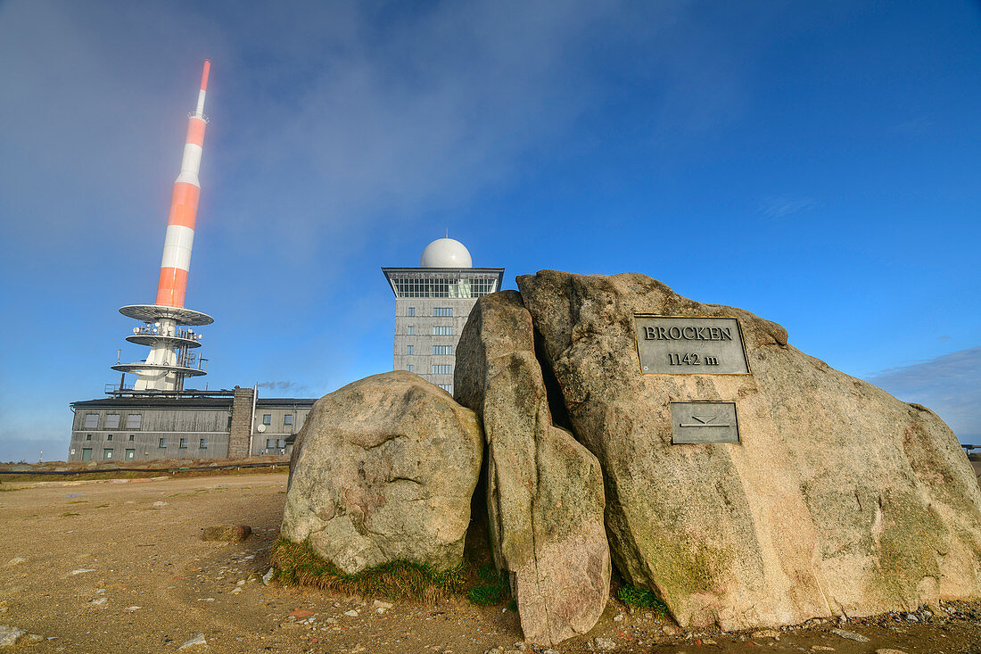 Brocken summit with transmitter systems, Brocken, Harz National Park, Harz, Saxony-Anhalt, Germany