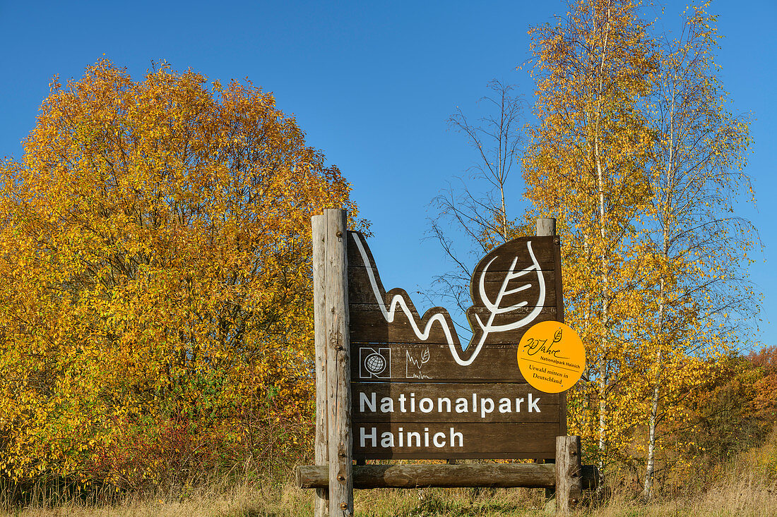 Schild am Parkeingang des Nationalparks Hainich, Nationalpark Hainich, Thüringen, Deutschland