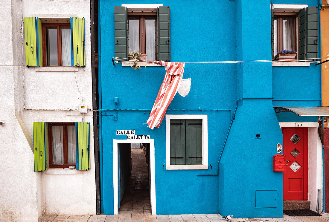View of the colorful facades in Burano, Venice Lagoon, Veneto, Italy, Europe