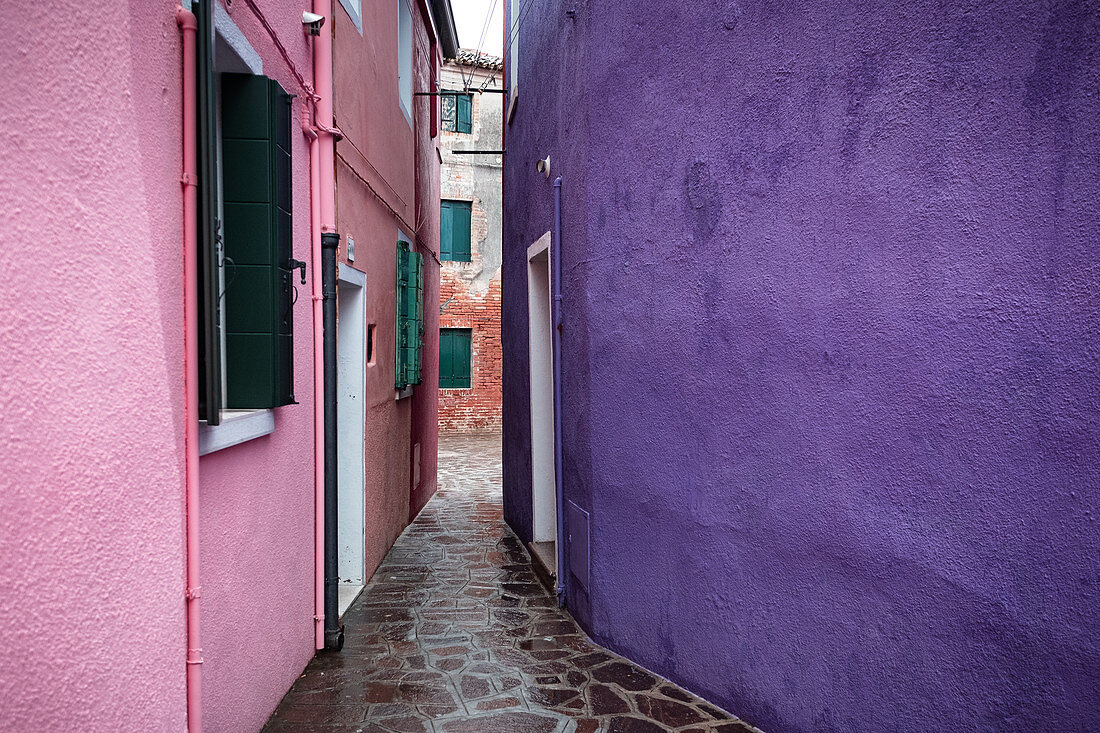 View of the colorful facades in Burano, Venice Lagoon, Veneto, Italy, Europe