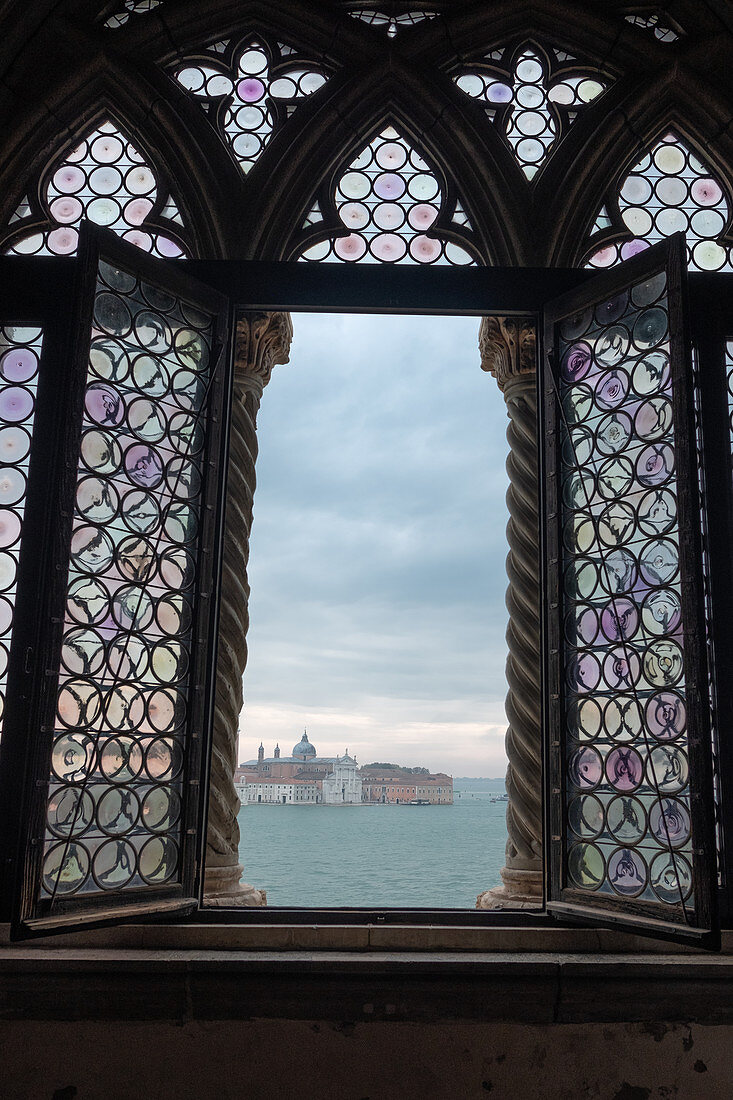 View from the window of the Doge's Palace to the island of San Giorgio, Palazzo Ducale, San Marco, Venice, Veneto, Italy, Europe