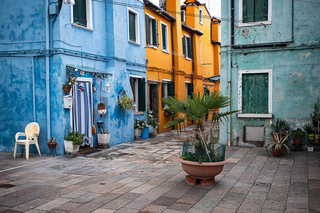 View of the colorful facades in Burano, Venice Lagoon, Veneto, Italy, Europe