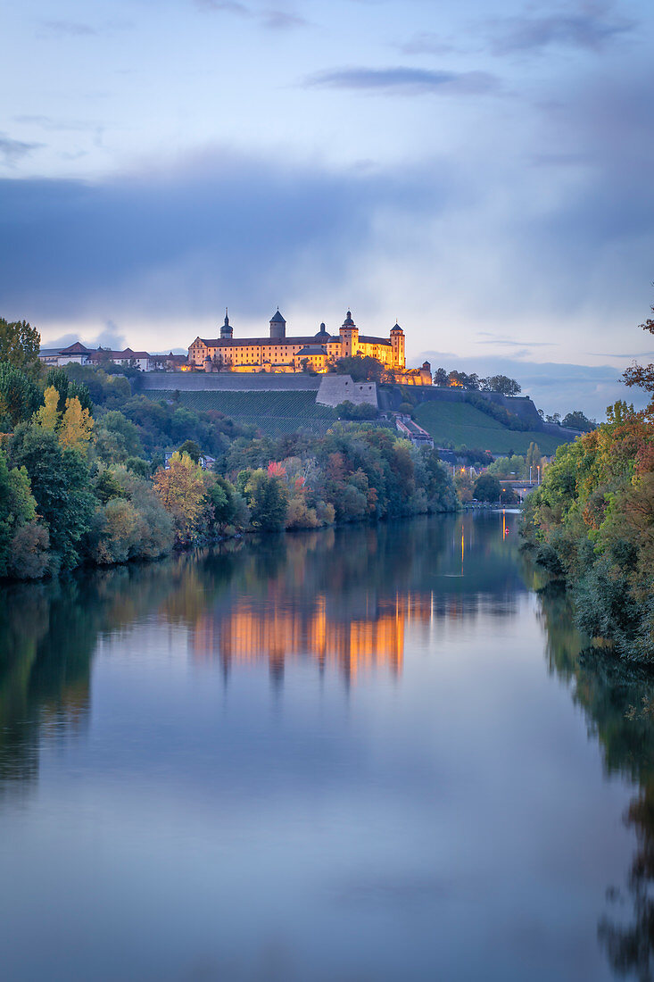 The Marienberg Fortress in Würzburg at the blue hour, Lower Franconia, Franconia, Bavaria, Germany, Europe