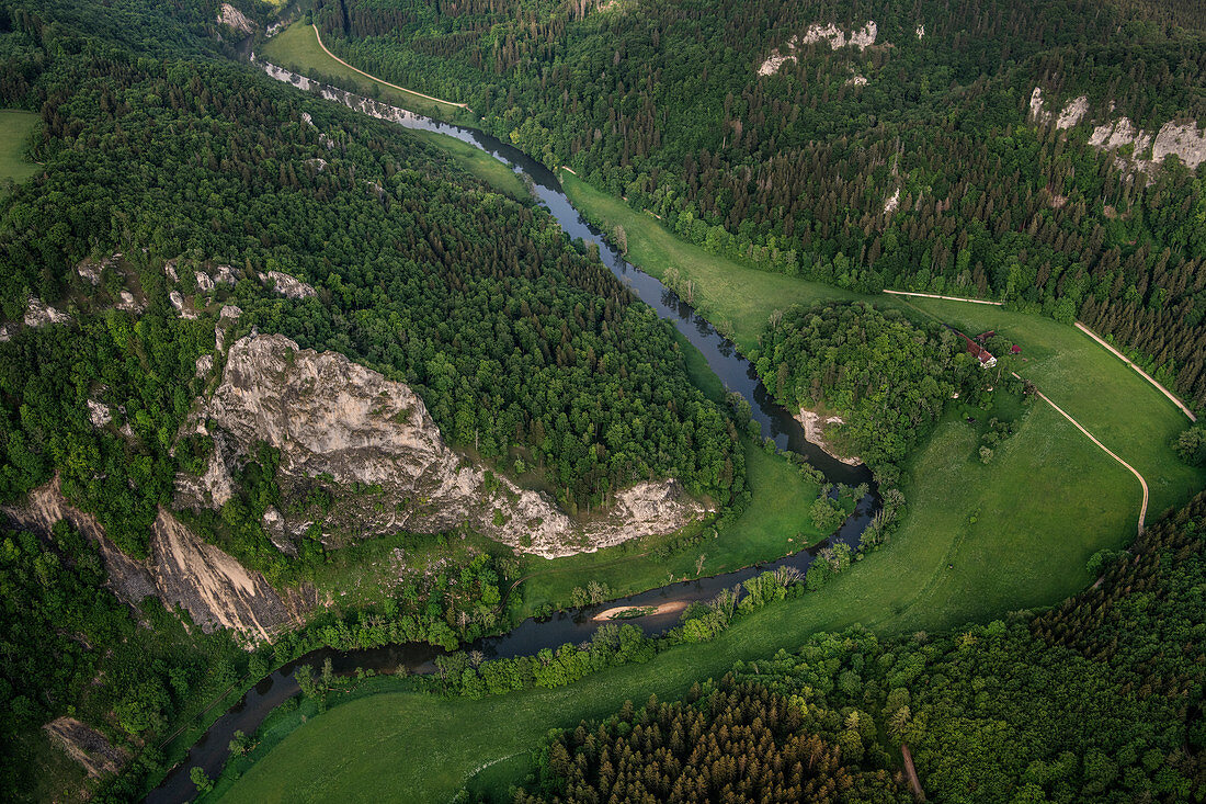 Curving and wild Danube in the breakthrough valley near Fridingen, aerial view of the Upper Danube Valley Nature Park, Danube, Germany
