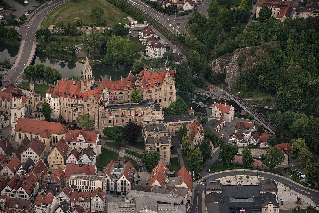 Aerial view from the castle in Sigmaringen, Baden-Wuerttemberg, Danube, Germany