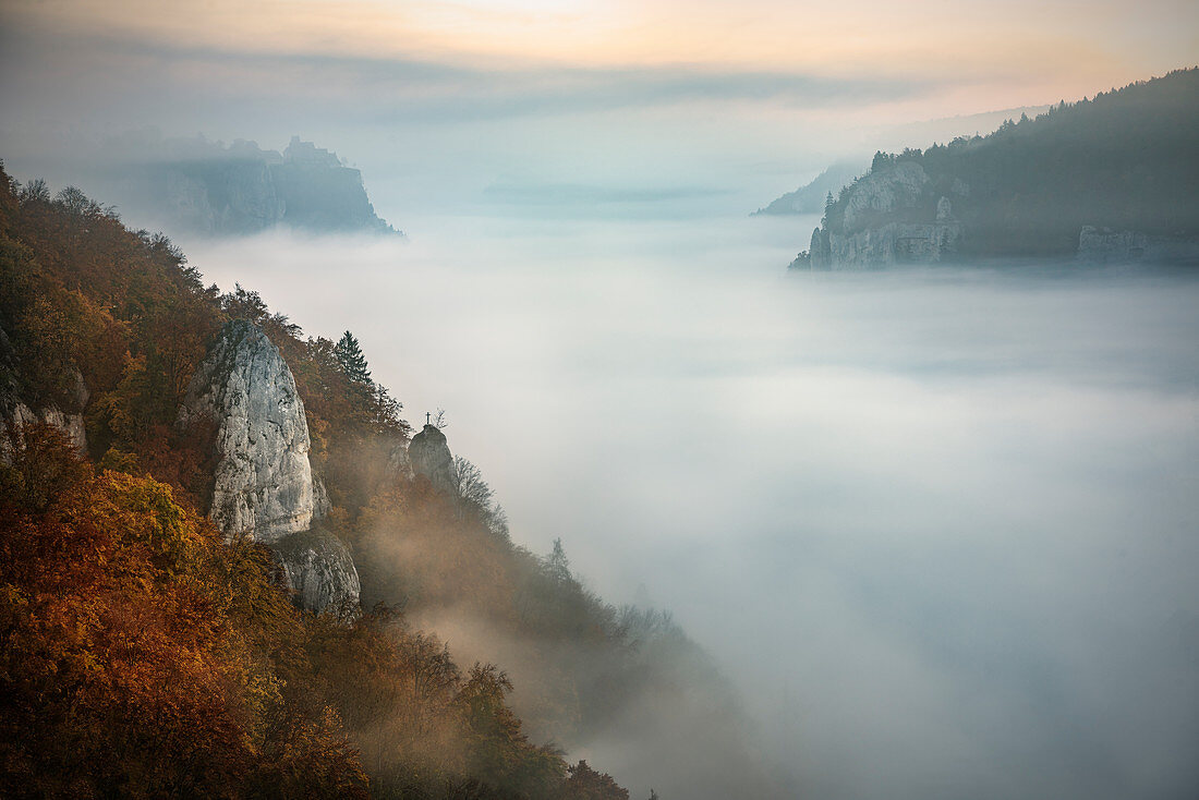 View over fog blanket to Werenwag Castle, Nebel, Upper Danube Valley Nature Park, Danube, Germany