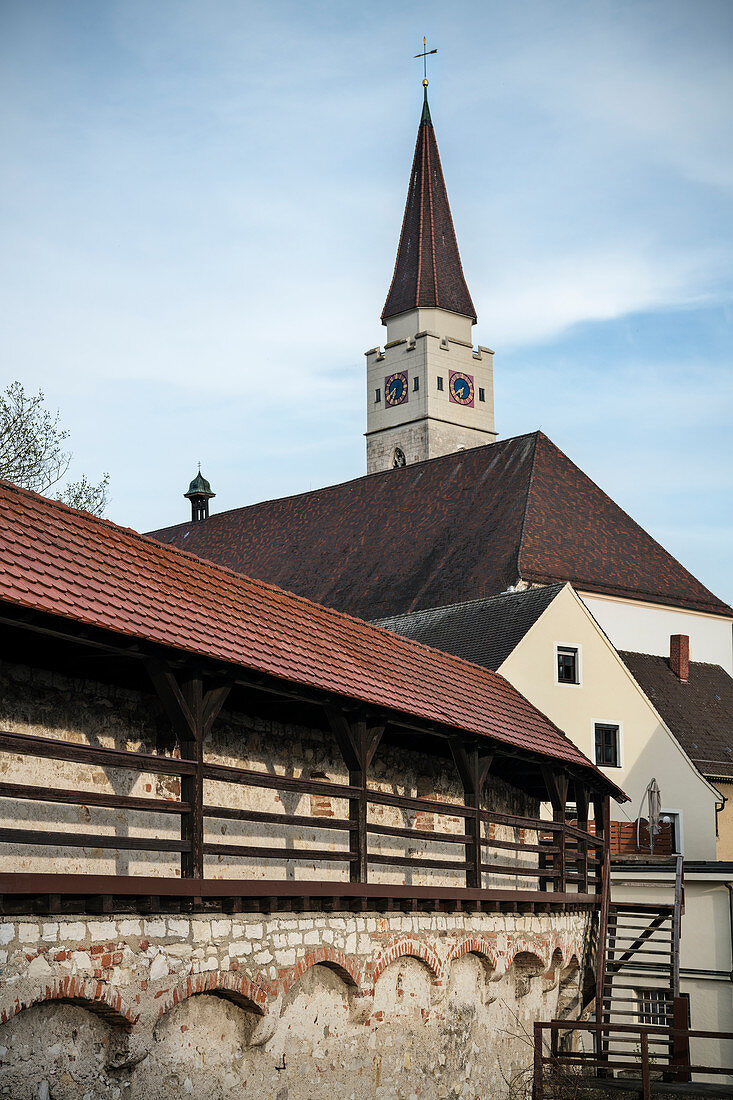 City wall and Church of St Blasius, Ehingen, Danube, Alb-Donau district, Baden-Württemberg, Germany