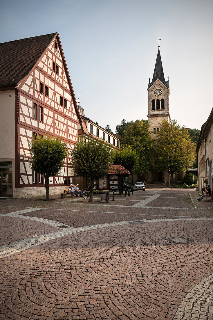 Half-timbered houses and town church in Fridingen an der Donau, Baden-Württemberg, Germany