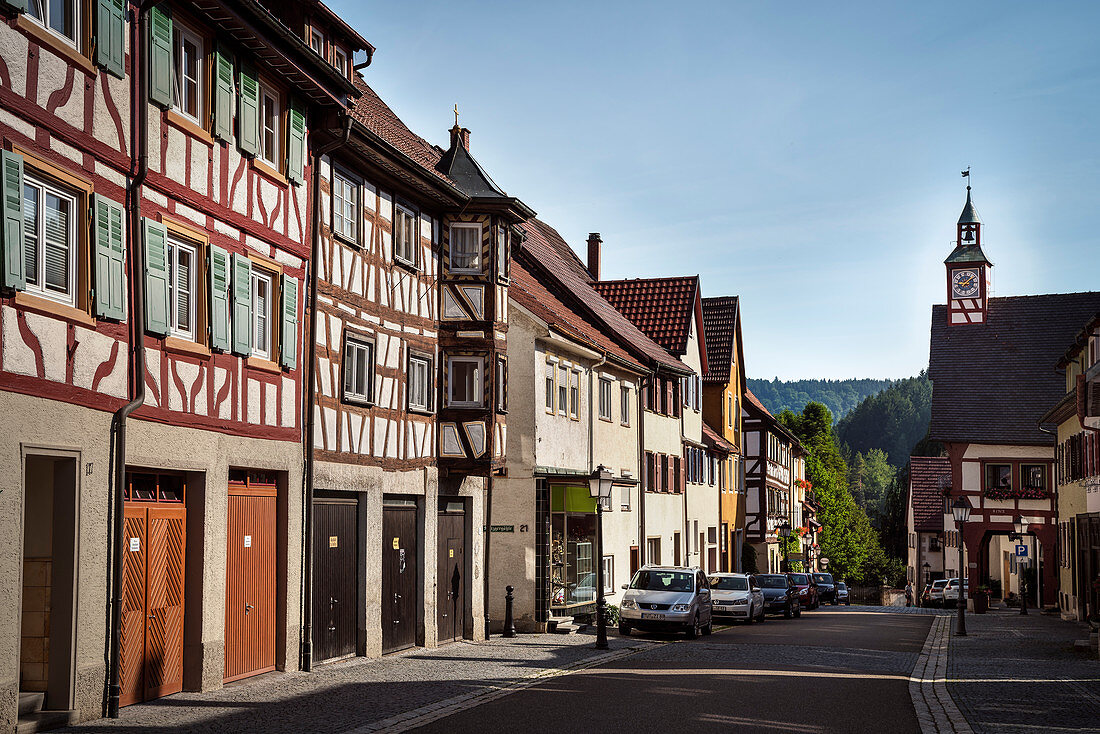 Half-timbered row of houses and town hall in Upper Town of Mühlheim an der Donau, Baden-Württemberg, Germany