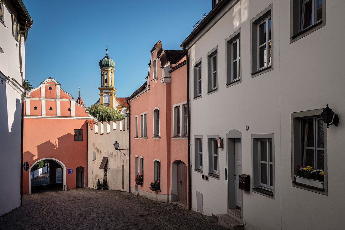 Upper Gate (Rotes Tor also Bürgerertor) and church tower of St Ursula, Neuburg an der Donau, Neuburg-Schrobenhausen district, Bavaria, Germany