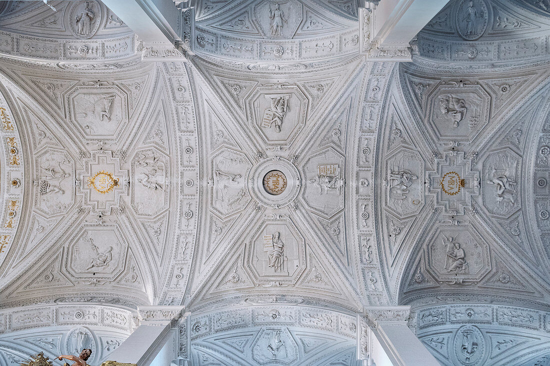 Stucco on the ceiling of the Hofkirche on Karlsplatz, Neuburg an der Donau, Neuburg-Schrobenhausen district, Bavaria, Germany