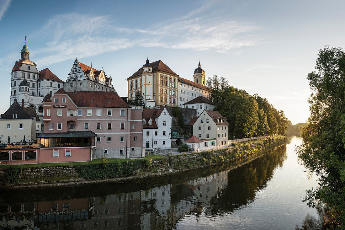 View over the Danube to the old town with castle and court church, Neuburg an der Donau, Neuburg-Schrobenhausen district, Bavaria, Germany