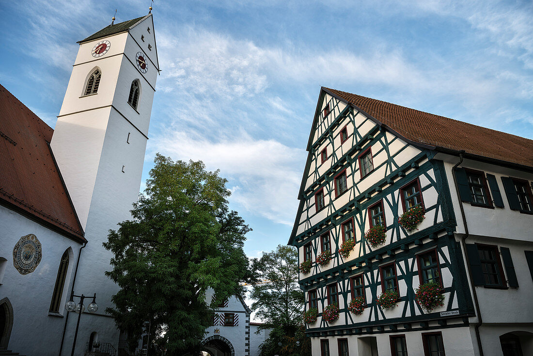 Church tower and half-timbered houses in Riedlingen, Biberach district, Baden-Württemberg, Danube, Germany