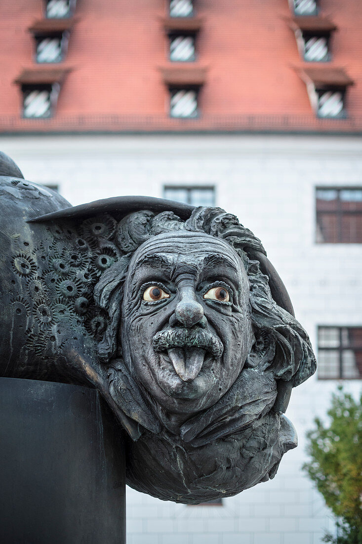 Albert Einstein Fountain in Ulm, Danube, Swabian Alb, Baden-Württemberg, Germany