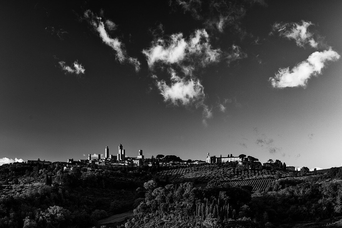 Black and white picture of San Gimignano, Province of Siena, Tuscany, Italy
