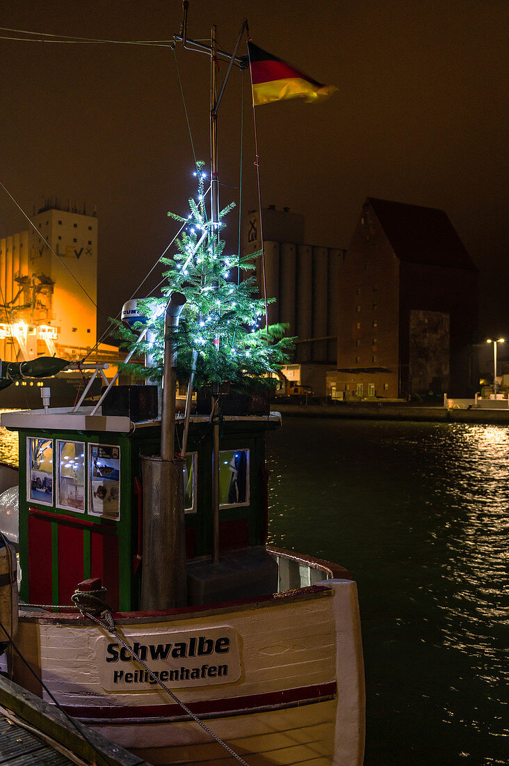 Fishing cutter in the port of Heiligenhafen at Christmas time, Baltic Sea, Ostholstein, Schleswig-Holstein, Germany