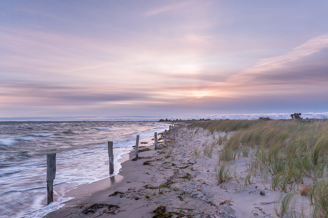 Sunrise with wind and waves in Heiligenhafen, Baltic Sea, Ostholstein, Schleswig-Holstein, Germany