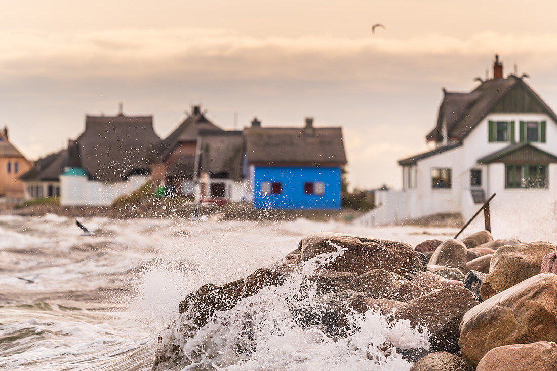 View of the houses of the Graswarder in Heiligenhafen during a north-east storm, Baltic Sea, Ostholstein, Schleswig-Holstein, Germany