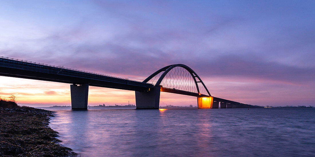 View of the Fehmarnsund Bridge at the blue hour in the morning, Fehmarn, Ostholstein, Schleswig-Holstein, Germany