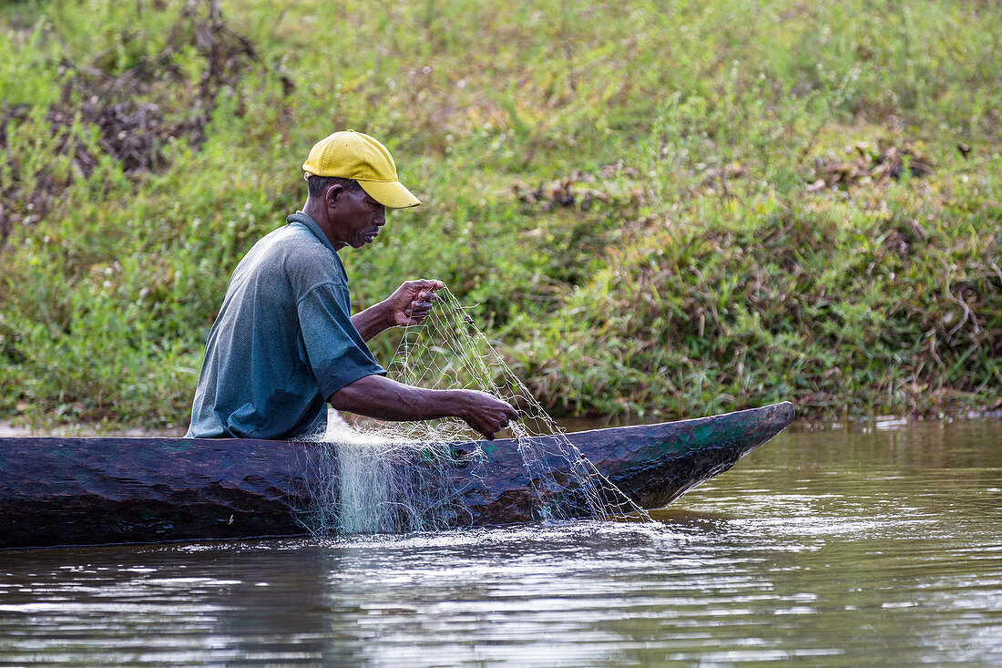 Fisherman in dugout canoe, Pangalanes Canal, Canal de Pangalanes, Eastern Madagascar, Africa