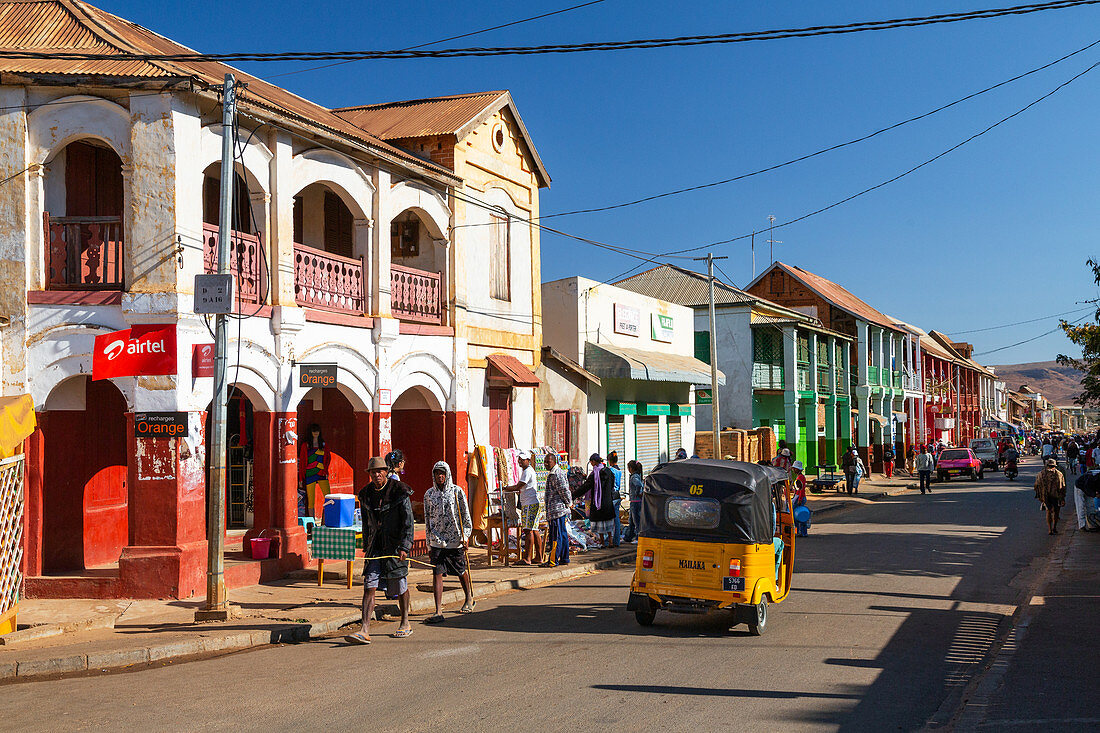 Busy street scene in the city of Ihosy, Bara tribe, Ihorombe region, highlands of Madagascar, Africa
