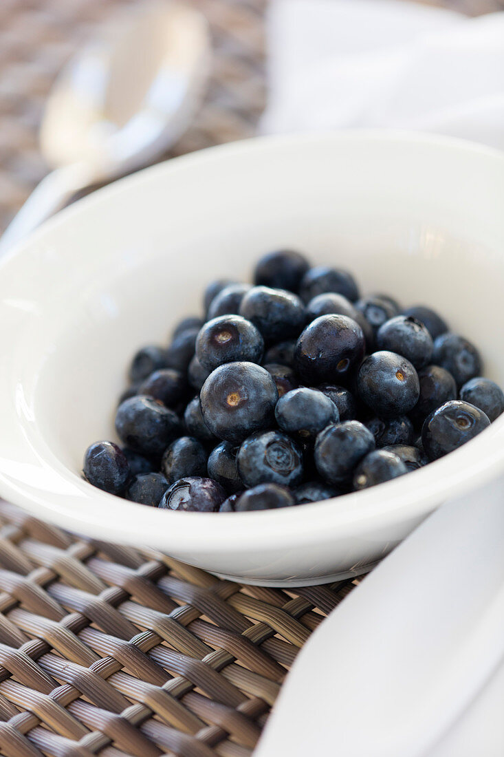 Blueberries in a white bowl. Algarve, Portugal.