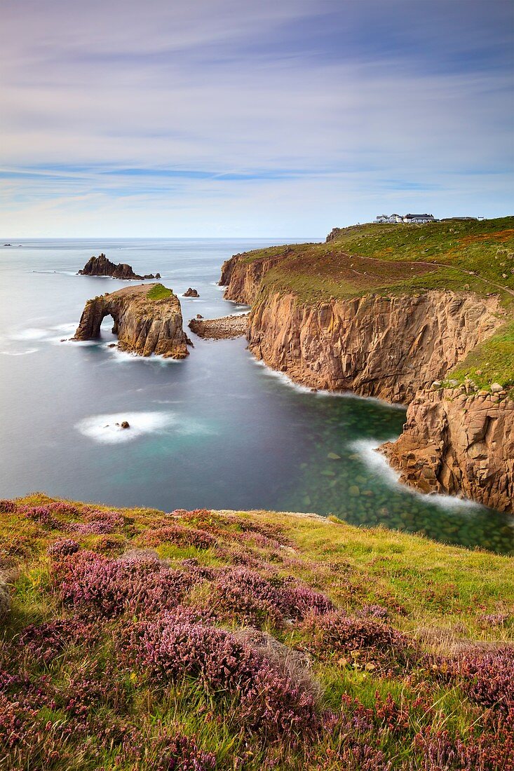 The Enys Dodman natural sea arch near Land's End in Cornwall., captured from Pordenack Point.