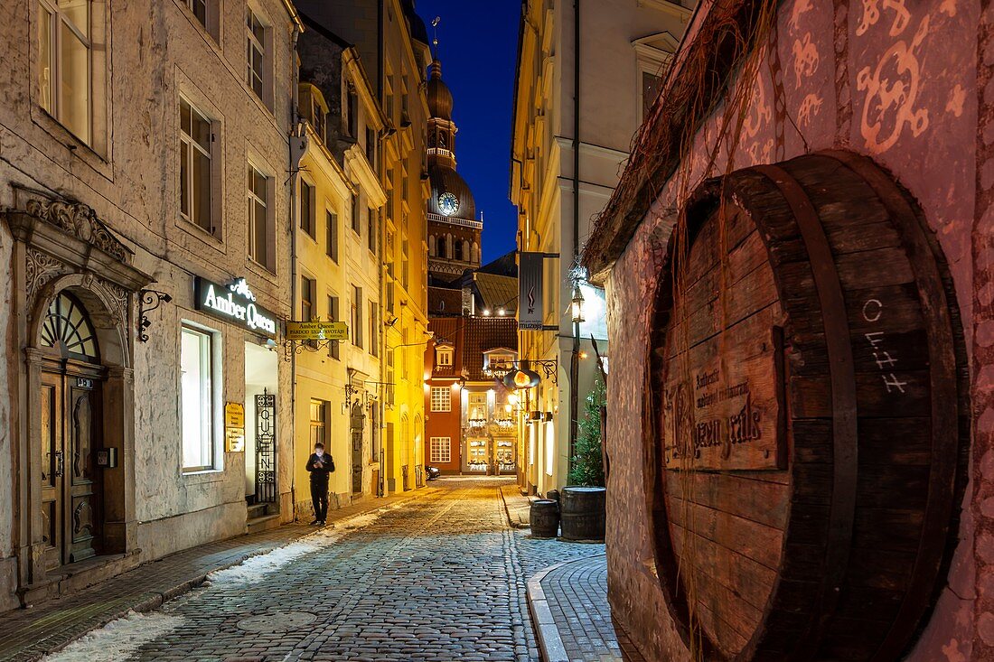 Winter evening in Riga old town, Latvia.