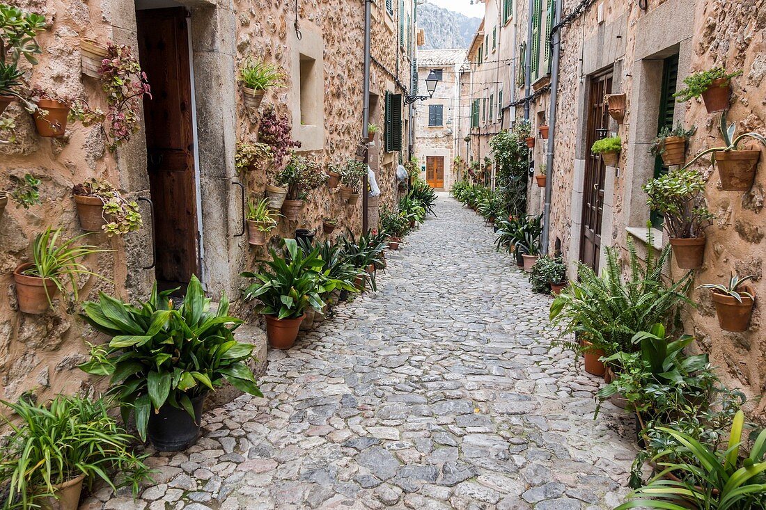 Antike Straßenansicht, Dorf Valldemossa, Mallorca Insel, Spanien.