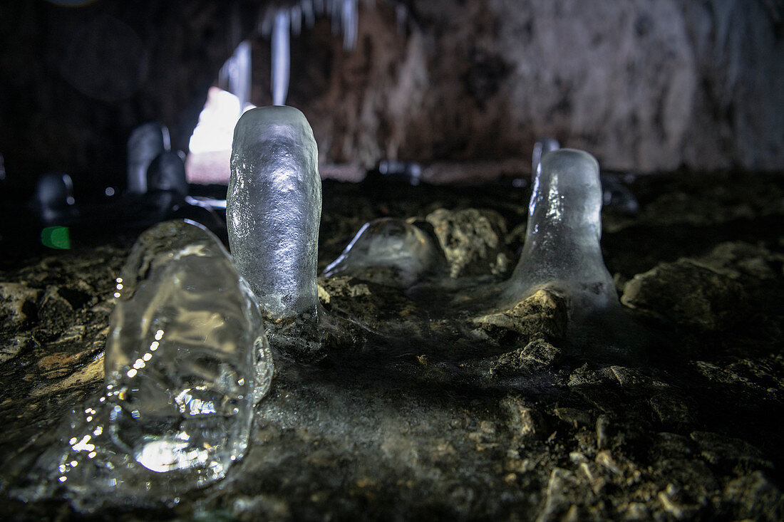 UNESCO World Heritage Site &quot;Caves and Ice Age Art in the Swabian Jura&quot;, icicles in the Sirgenstein Cave, Aachtal near Blaubeuren, Swabian Alb, Baden-Württemberg, Germany