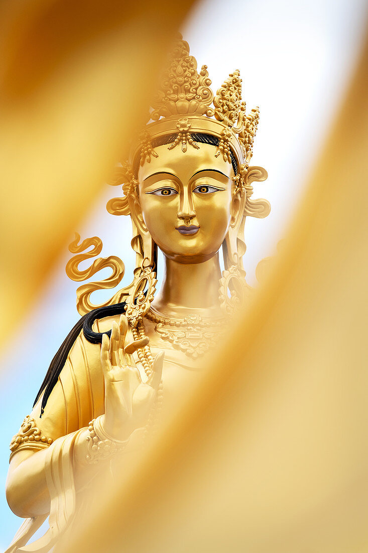 Nahaufnahme goldene Statue nahe dem großen Buddha Dordenma in den Bergen von Bhutan, Asien