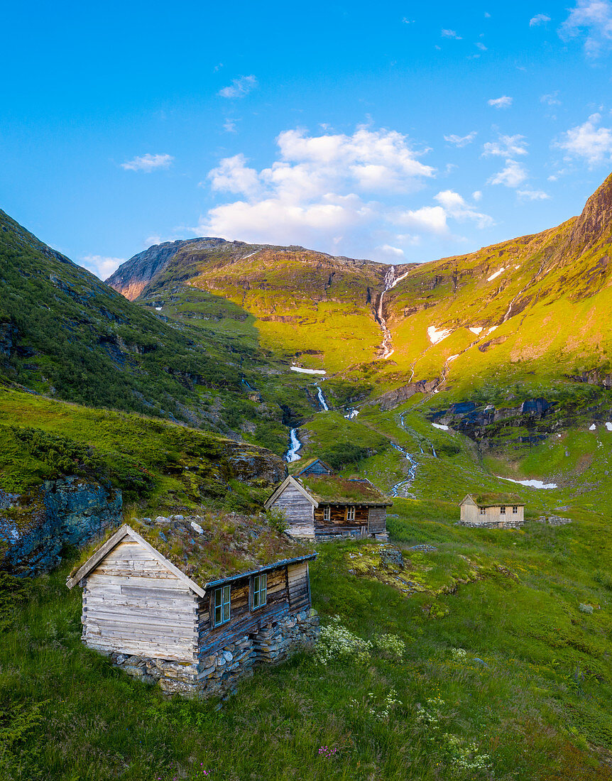 Aerial panoramic of Dalsnibba mountain and traditional wood huts, Stranda municipality, More og Romsdal county, Norway, Scandinavia, Europe