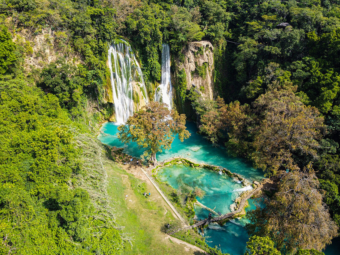 Aerial of the Minas Viejas waterfalls, Huasteca Potosi, San Luis Potosi, Mexico, North America
