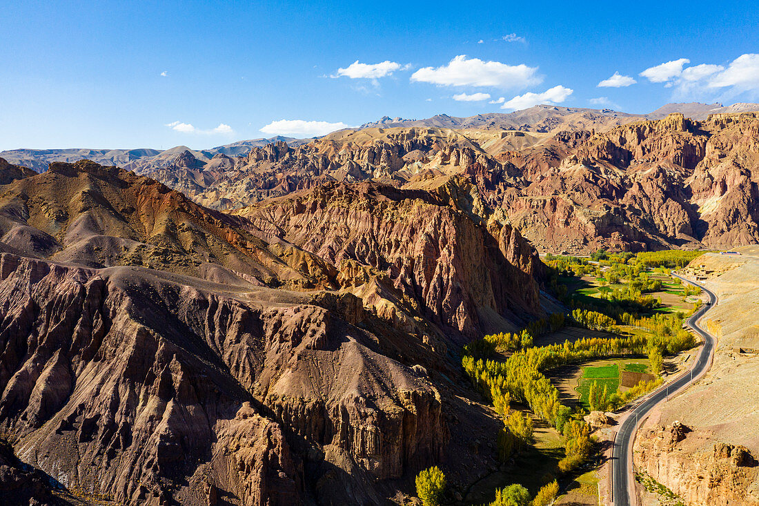 Aerial by drone of the mountains around Bamyan, Afghanistan, Asia