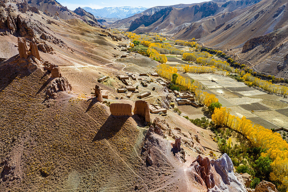 Aerial by drone of Gohargeen fort, Yakawlang province, Bamyan, Afghanistan, Asia