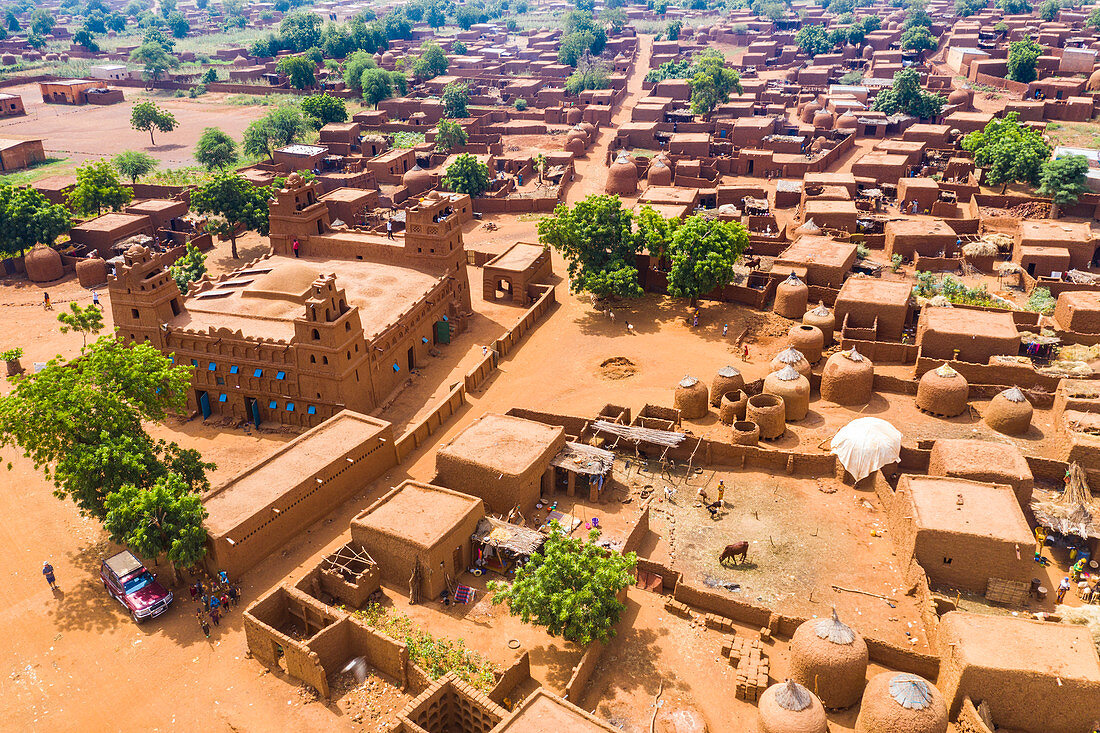 Aerial by drone of the central Mosque in the Hausa village of Yaama, Niger, West Africa, Africa