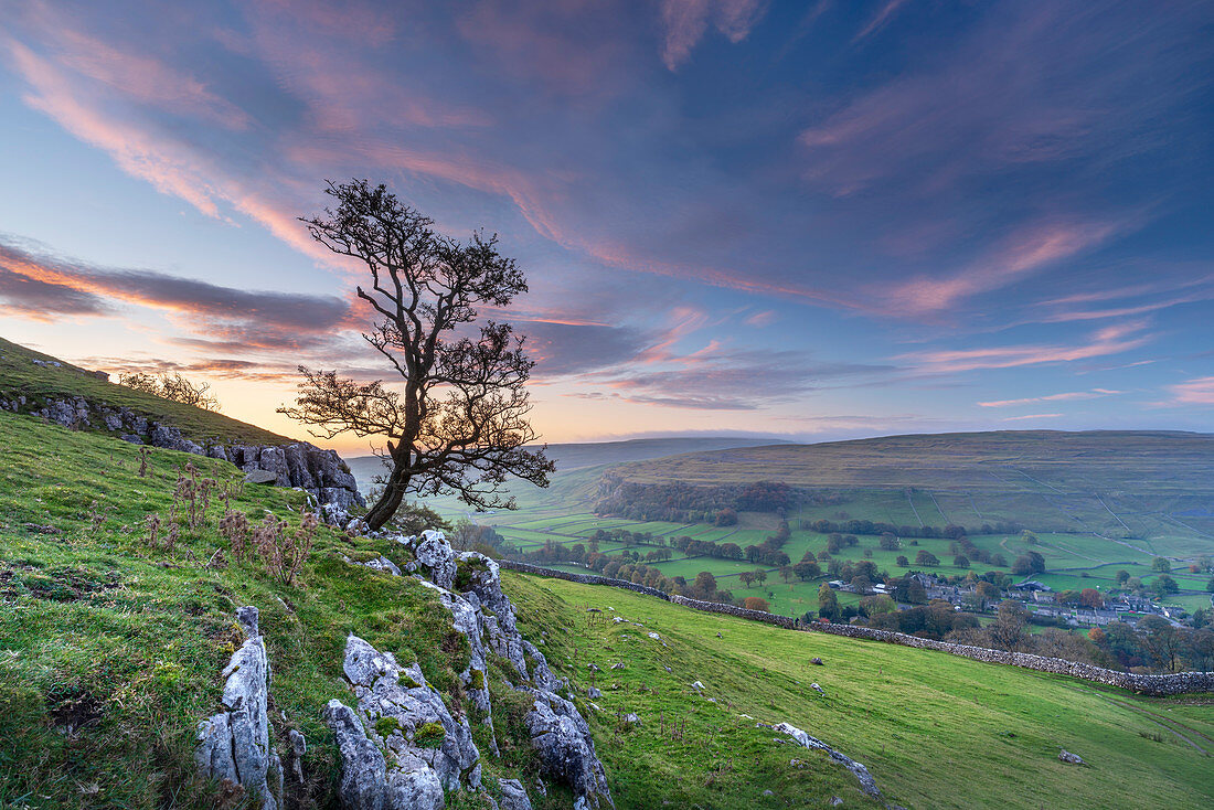 Dawn light over Arncliffe village in Littondale, North Yorkshire, Yorkshire, England, United Kingdom, Europe
