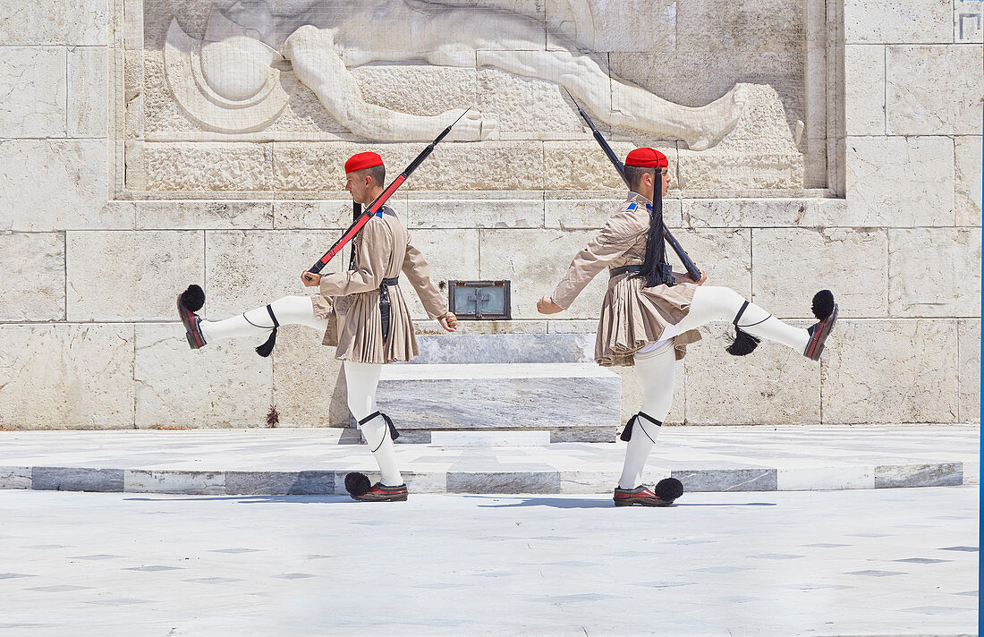 Evzone soldiers performing change of guard, Athens, Greece, Europe