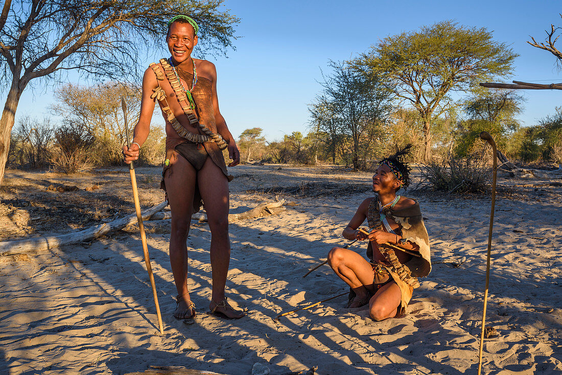 Tourist walk with San Bushmen at Meno a Kwena camp, Kalahari, Botswana, Africa